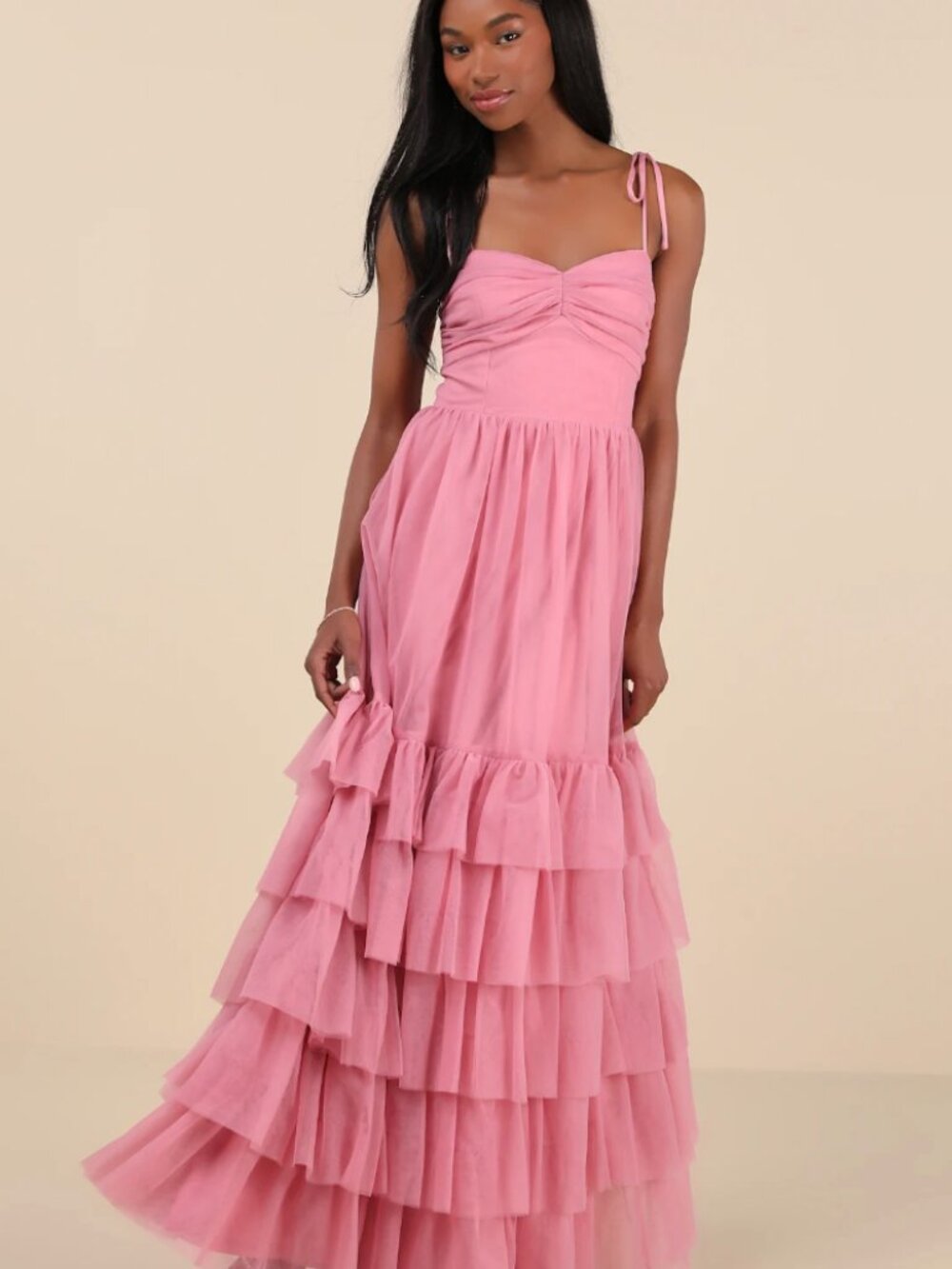 Lulus Pink Ruffle Tie Strap Maxi Dress NWT - XS
